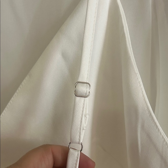 Amazon Elegant White V-Neck Jumpsuit with waterfall sheer quarter blouse over - Picture 9 of 10